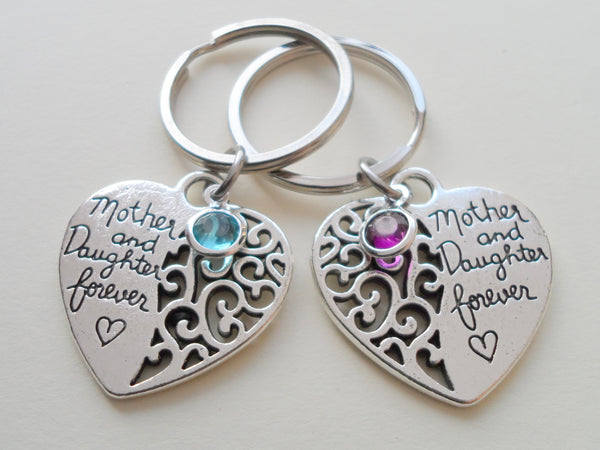 Mother and Daughter Forever Keychain Set, Custom Birthstone Charm Option