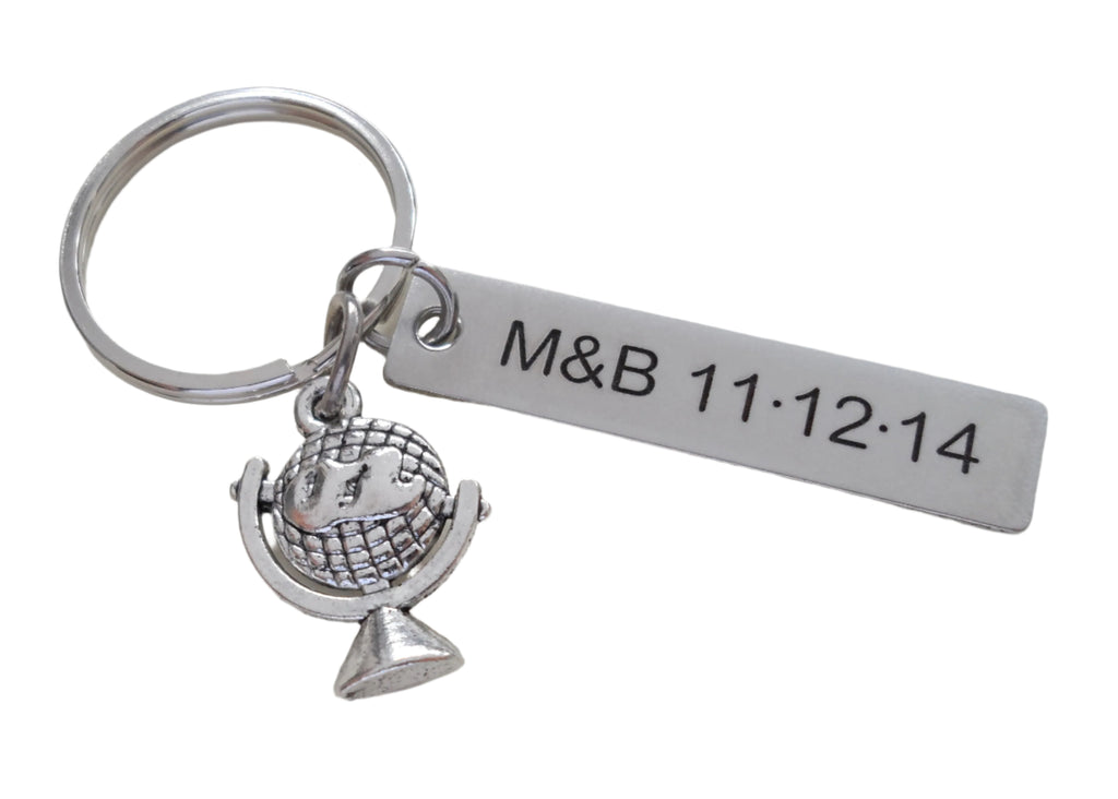 Small World Globe Keychain with Custom Engraved Steel Tag - Couples Anniversary Gift Keychain