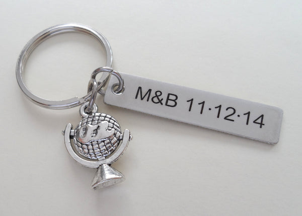 Small World Globe Keychain with Custom Engraved Steel Tag - Couples Anniversary Gift Keychain