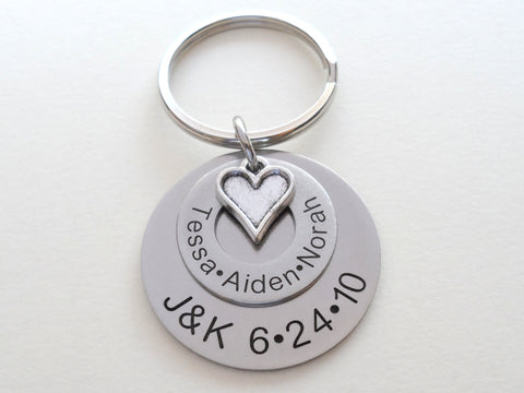 Custom Engraved Layered Stainless Steel Disc & Ring Keychain with Heart Charm for Couples Anniversary Gift. Add Backside Engraving