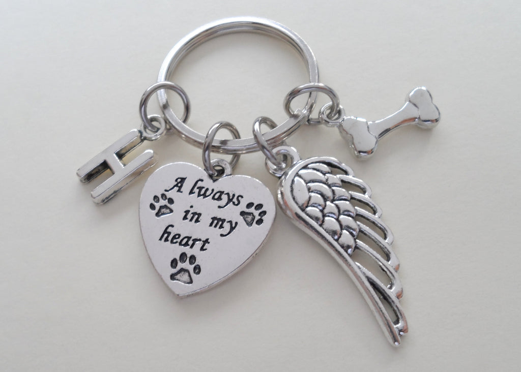 Dog Memorial Keychain - Always in My Heart Keychain with Bone Charm and Wing Charm by Jewelry Everyday