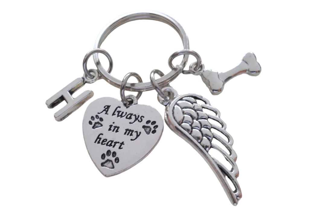 Custom Dog Memorial Keychain - Always in My Heart Keychain with Bone Charm and Wing Charm by Jewelry Everyday