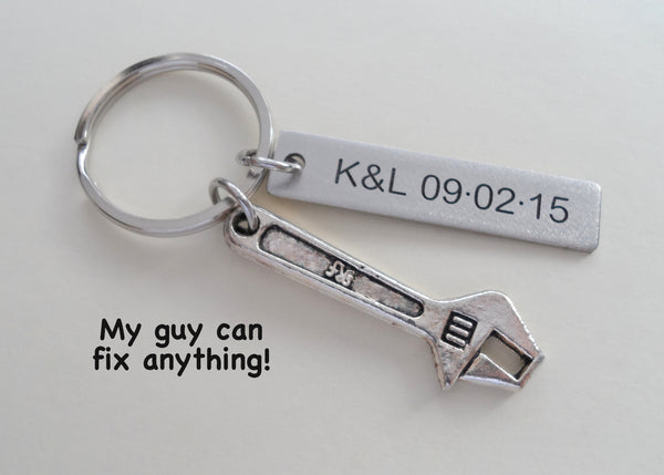 Custom Engraved Steel Tag and Wrench Keychain - Couples Anniversary Gift Keychain