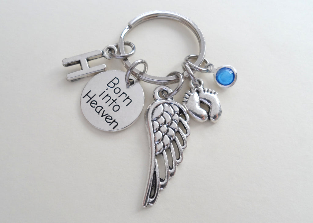 Baby Memorial Keychain - Born into Heaven Keychain with Baby Feet & Wings Charmwelry Everyday by Jewelry Everyday