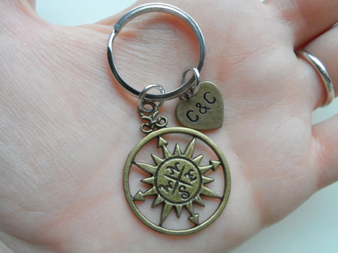 Bronze Sun Compass Keychain - I'd Be Lost Without You; Couples Keychain, Custom Engraved Tag Option