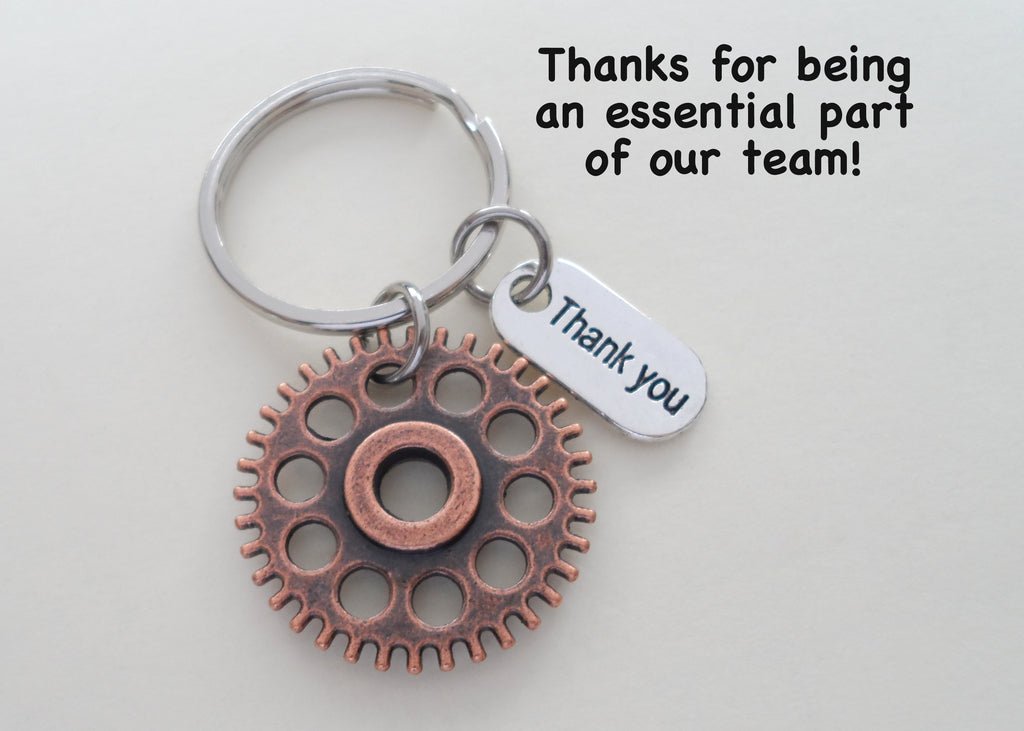 Employee Appreciation Gifts • Copper Gear Keychain by JewelryEveryday w/ "Thanks for being an essential part of our team!" Card