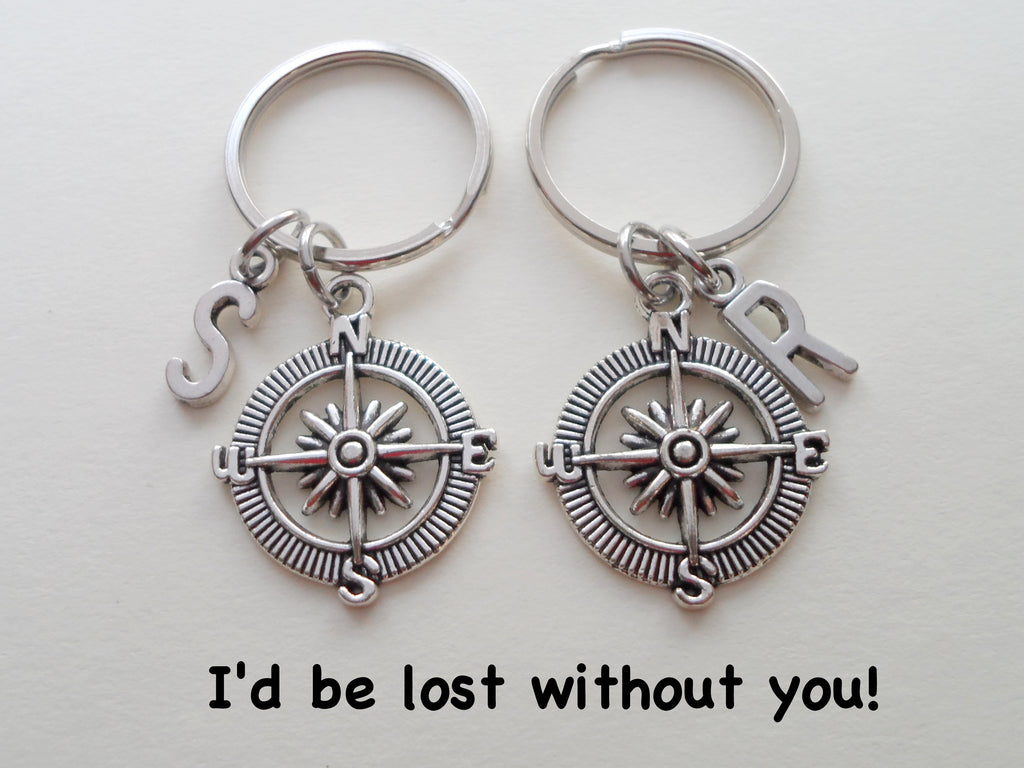 Personalized Double Open Metal Compass Keychains With Initials Charms - I'd Be Lost Without You; Couples or Best Friends Keychain Set