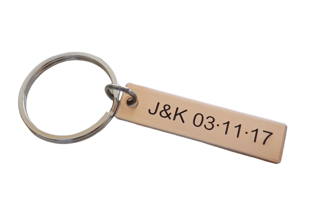 Personalized Bronze Tag Keychain Hand Stamped with Initials and Date; Handmade 8 Year Anniversary Couples Keychain