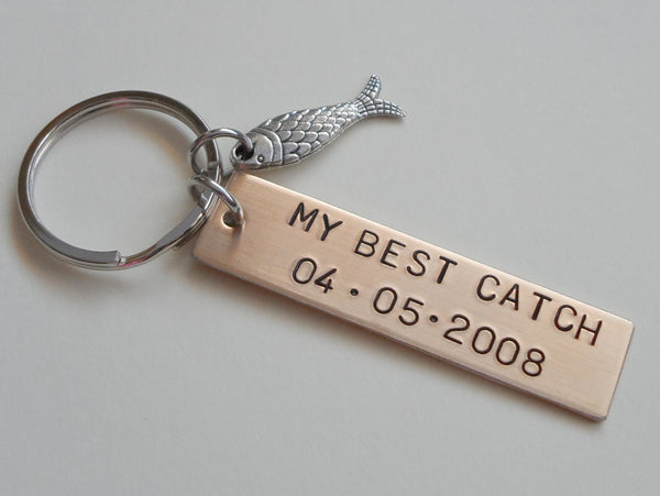 Personalized Bronze Tag Keychain Engraved with My Best Catch and Your Anniversary Date; Handmade Couples Anniversary Keychain