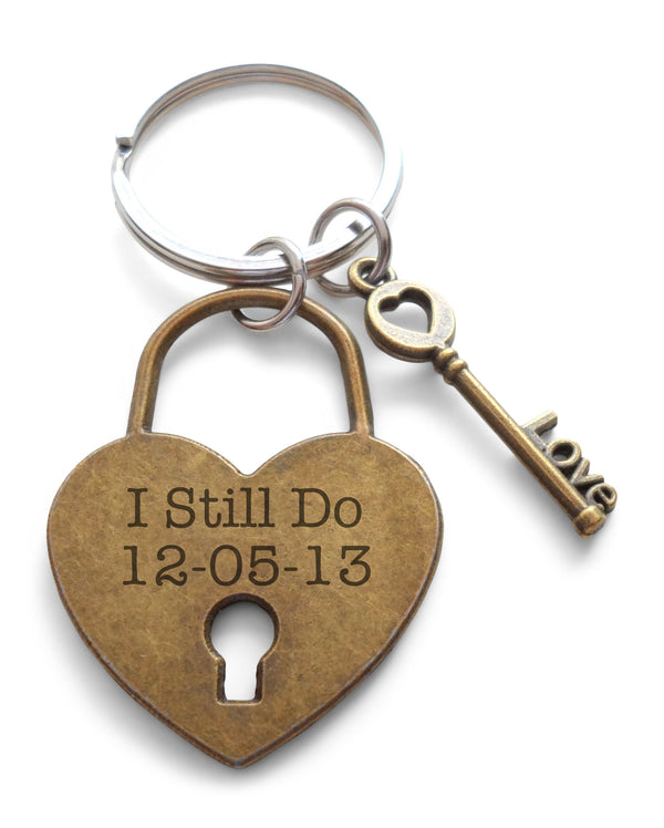 Custom Engraved Bronze Lock and Key Charm Keychain