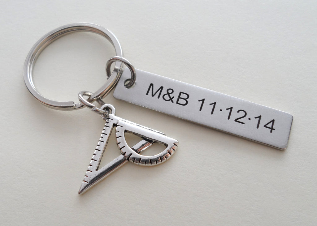 Custom Engraved Architect Keychain with Square and Protractor Charm, Mathematician Keychain, Engineer Gift