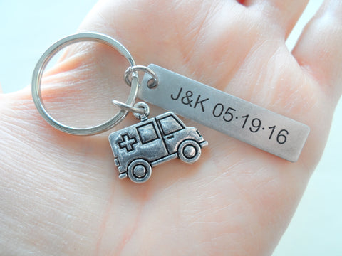 Custom Engraved EMT Keychain with Ambulance Charm, Paramedic Keychain, Medical Student Gift