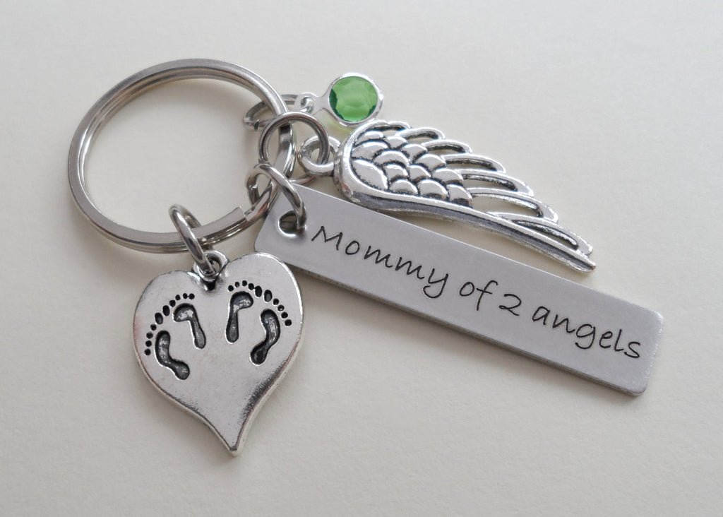 Twin Babies Memorial Keychain, Twins Feet Heart Charm & Wing Charm by Jewelry Everyday