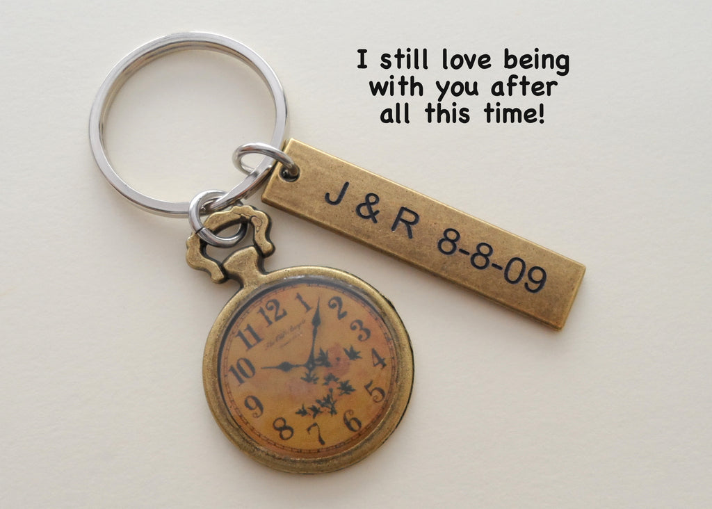 Personalized Bronze Tag Keychain Custom Engraved with Clock Charm by Jewelry Everyday