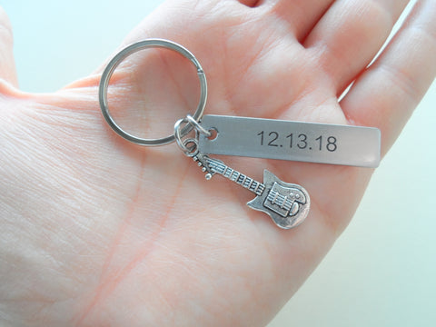 Electric Guitar Keychain with Stainless Steel Tag Keychain Custom Engraved Couples Keychain