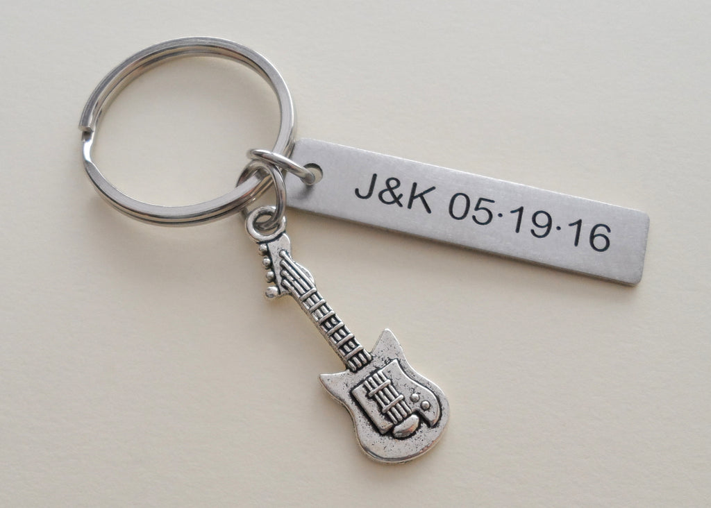 Electric Guitar Keychain with Stainless Steel Tag Keychain Custom Engraved Couples Keychain