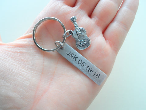 Acoustic Guitar Keychain with Stainless Steel Tag Keychain Custom Engraved Couples Keychain