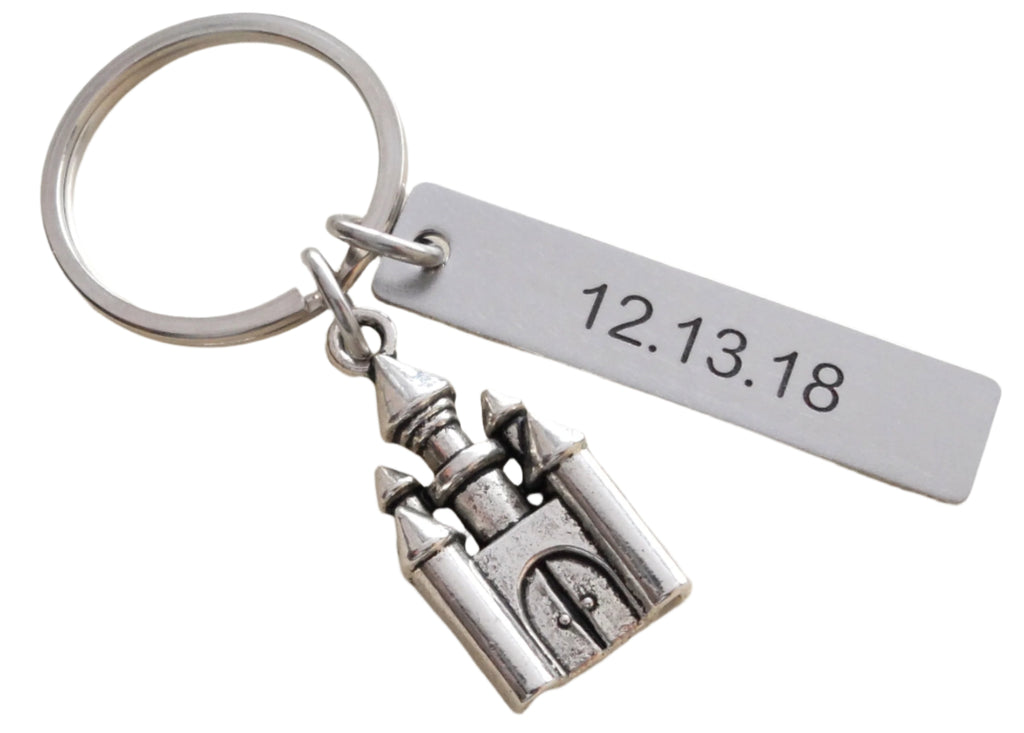 Castle Keychain with Custom Engraved Stainless Steel Tag; Couples Keychain