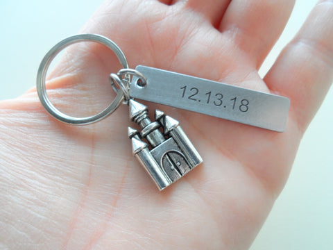 Castle Keychain with Custom Engraved Stainless Steel Tag; Couples Keychain