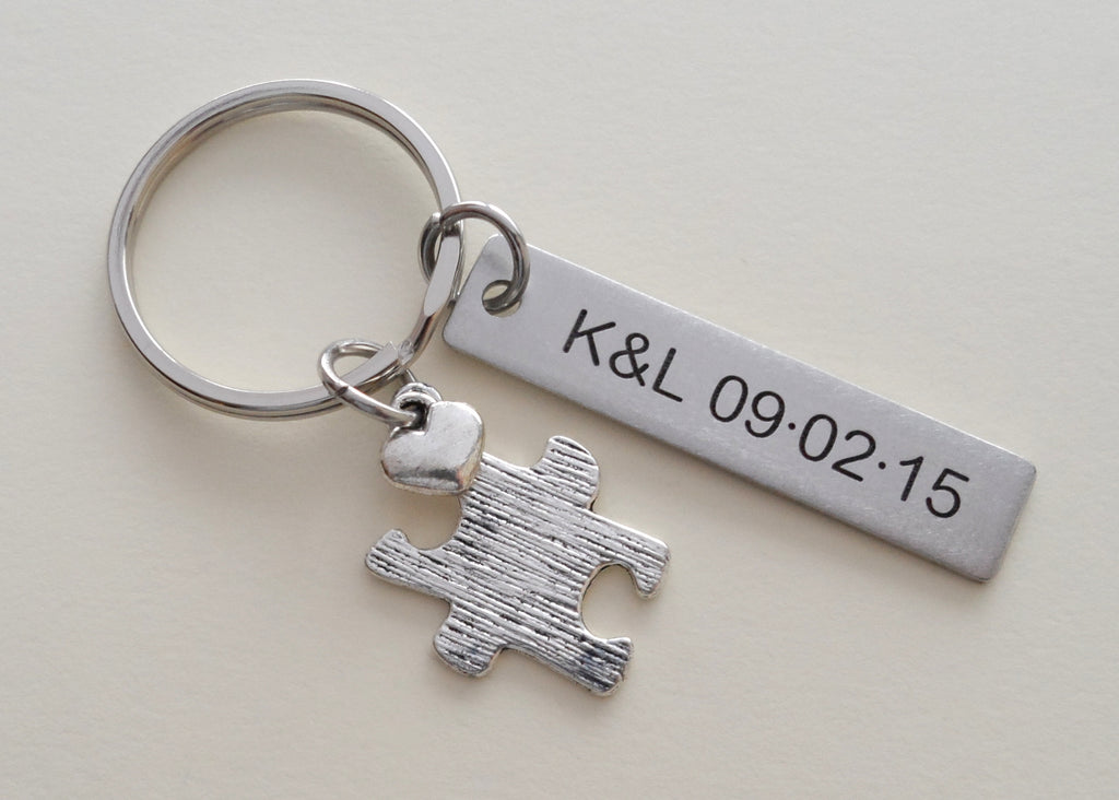 Textured Puzzle Charm Keychain With Custom Engraved Stainless Steel Tag, Couples Keychain