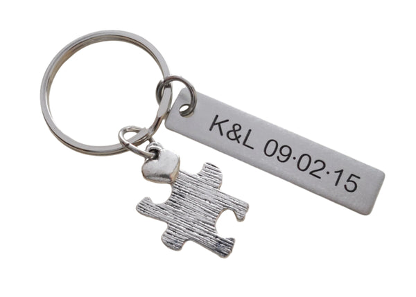 Textured Puzzle Charm Keychain With Custom Engraved Stainless Steel Tag, Couples Keychain