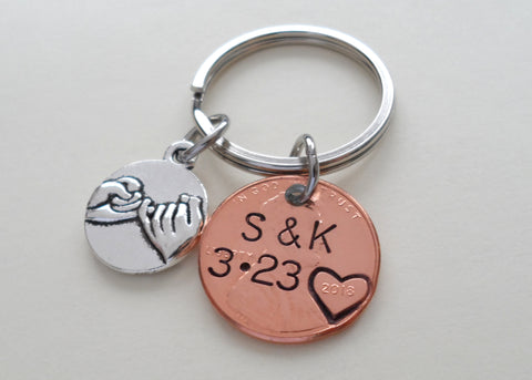 Anniversary Gift • Personalized Penny Keychain Stamped w/ Heart Around the Year & Initials w/ Anniversary Date & Pinky Promise Charm