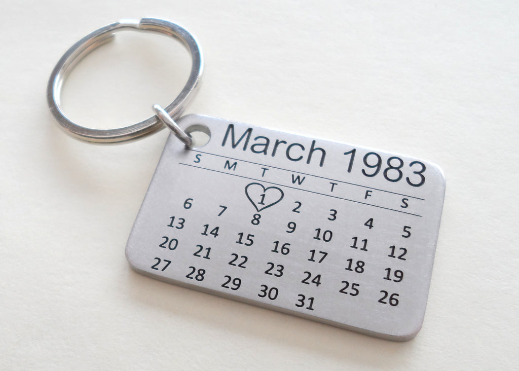 Personalized 11 Year Anniversary Gift • Stainless Steel Calendar Keychain Engraved with Heart; Custom Engraved Backside Options