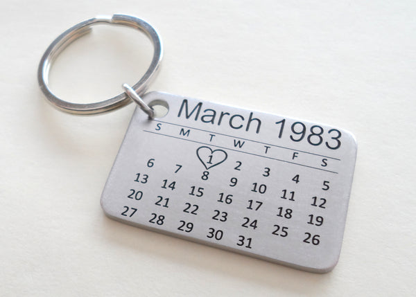 Personalized 11 Year Anniversary Gift • Stainless Steel Calendar Keychain Engraved with Heart; Custom Engraved Backside Options
