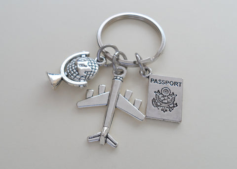 Airplane, Globe, and Passport Charm Keychain, Airport Staff Gift, Graduation Gift, Gift for Graduation, Graduate Gift, Going Away Gift