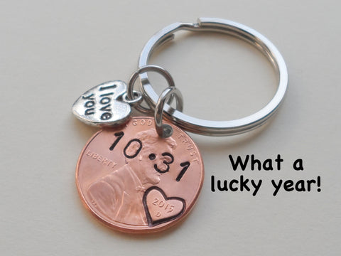 Personalized Penny Keychain Stamped with Heart Around the Year and Initials, Includes I Love You Heart Charm