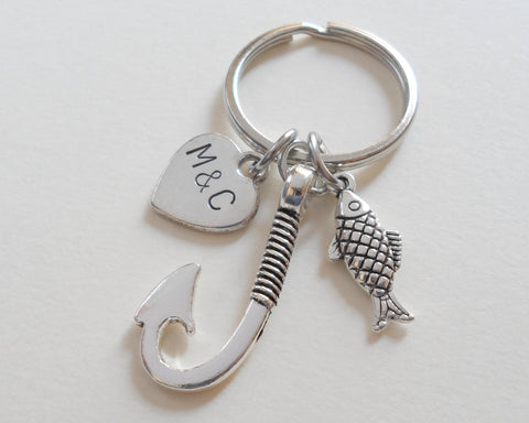 Personalized Fish Hook Keychain with Tiny Fish - I'm Hooked On You; Couples Keychain