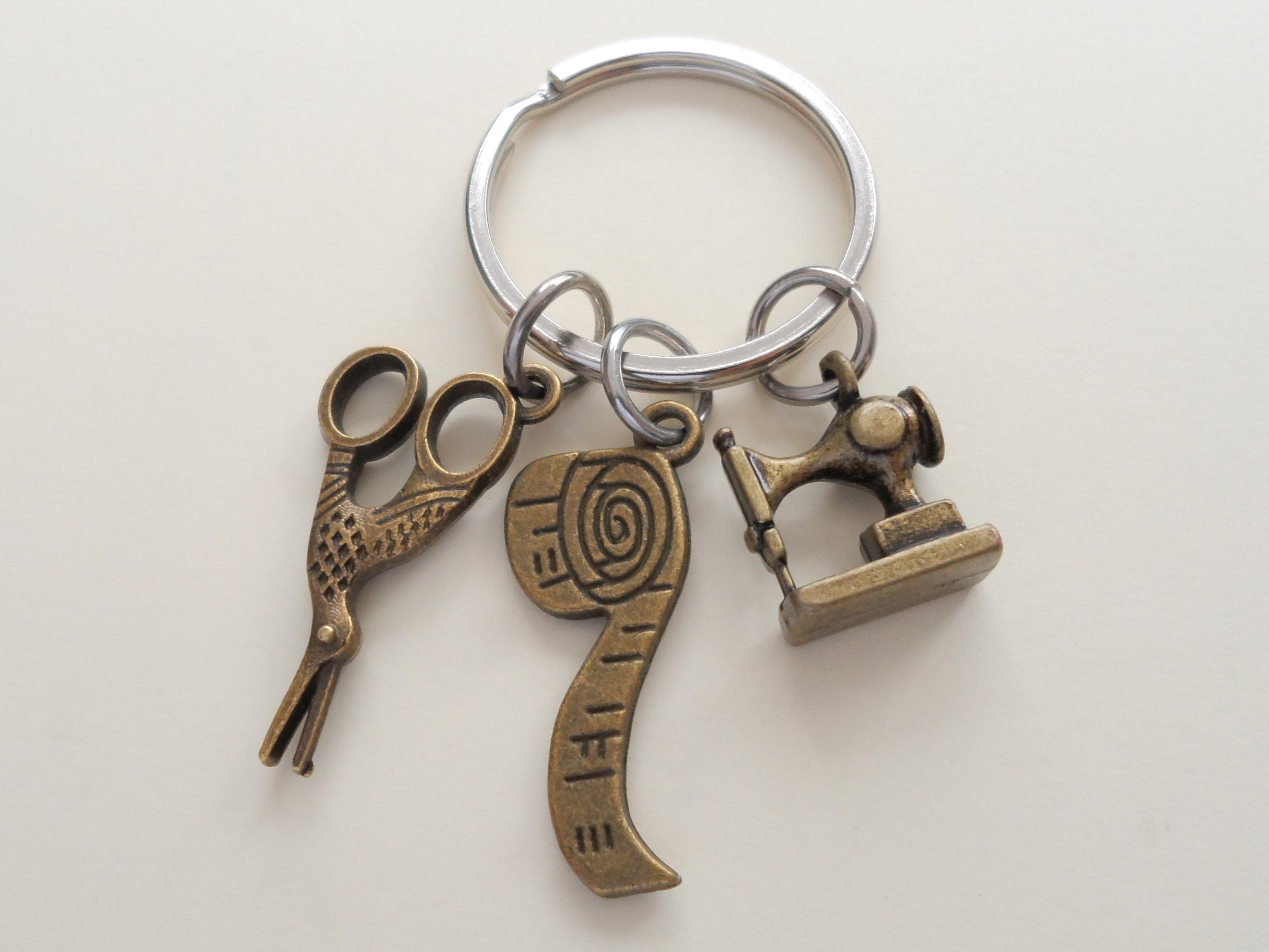 Bronze Sewing Keychain, Scissors Charm, Sewing Machine Charm