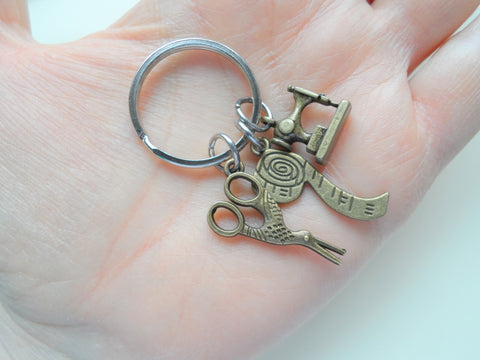 Bronze Sewing Keychain, Scissors Charm, Sewing Machine Charm, Appreciation Gift, Gift for Mom, Teacher Gift