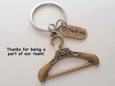 Bronze Clothes Hanger and Thank You Charm Keychain, Clothing Store Employee Appreciation Gift, Gift for Clothing Store Staff