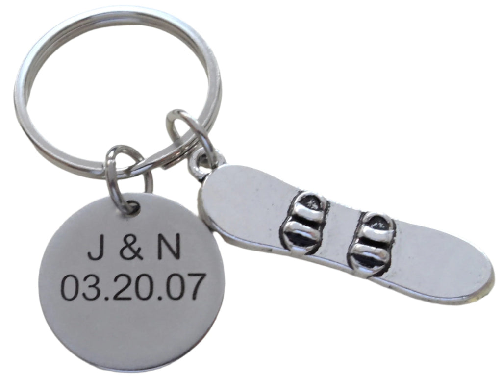 Personalized Snowboard Keychain and Steel Circle Disc Custom Engraved, Gift for Couples, or Instructors