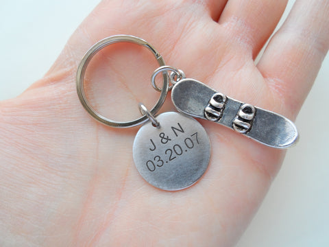 Personalized Snowboard Keychain and Steel Circle Disc Custom Engraved, Gift for Couples, or Instructors