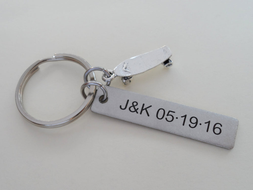 Personalized Skateboard Keychain and Steel Tag Custom Engraved, Gift for Couples