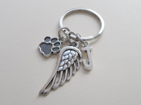 Dog Memorial Keychain With Custom Letter Charm Options • Cute Wing and Paw Charm | JE