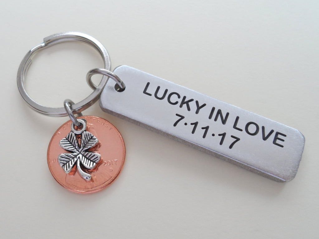Personalized Aluminum Keychain Engraved with "Lucky In Love" & Penny With Clover Charm Anniversary Gift