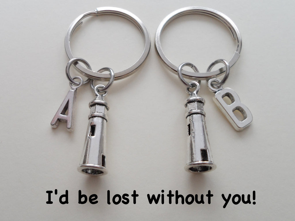 Lighthouse Keychain Set - Lost Without You; Couples Keychains, Letter Charm Option