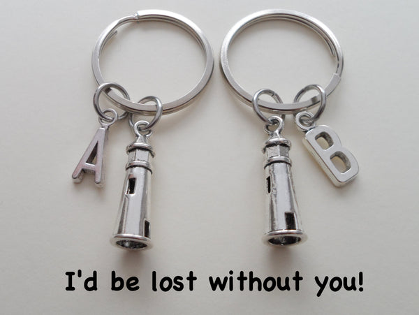 Lighthouse Keychain Set - Lost Without You; Couples Keychains, Letter Charm Option
