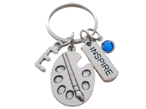 Art Palette Charm Keychain with "Inspire" Tag Charm, Add-on Letter and Birthstone Charm Options