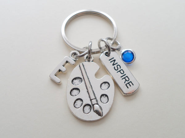Art Palette Charm Keychain with "Inspire" Tag Charm, Add-on Letter and Birthstone Charm Options