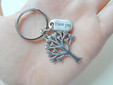 Caregiver, Home Aid Caretaker, or Teacher Keychain Gift, Tree with Hearts and "Thank You" Charm w/ Thanks for sharing your heart with us" Card by JewelryEveryday