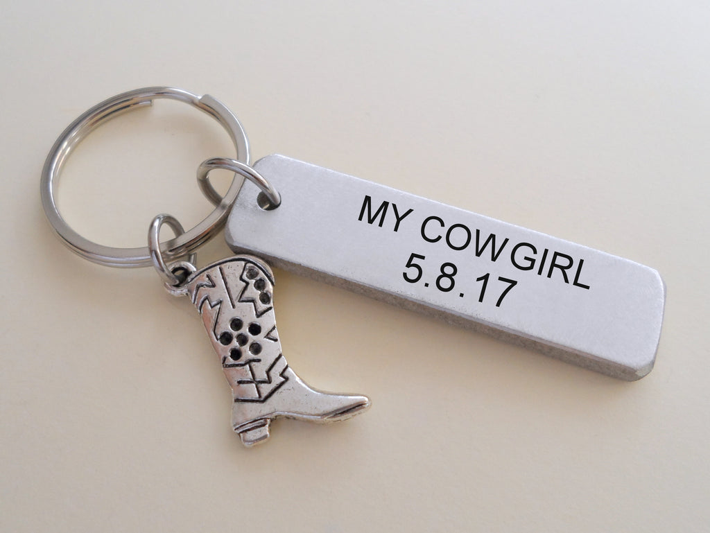 Custom Engraved Aluminum Tag Keychain and Cowboy Boot Charm Keychain; Couples Keychain