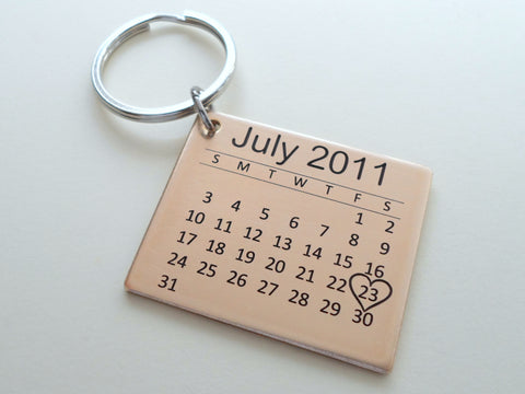 Personalized 8 Year Anniversary Gift • Bronze Calendar Keychain Engraved with Heart; Custom Engraved Backside Options