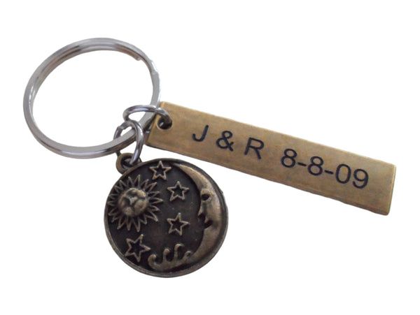 Bronze Sun, Moon, and Stars Disc Charm with a Custom Engraved Tag