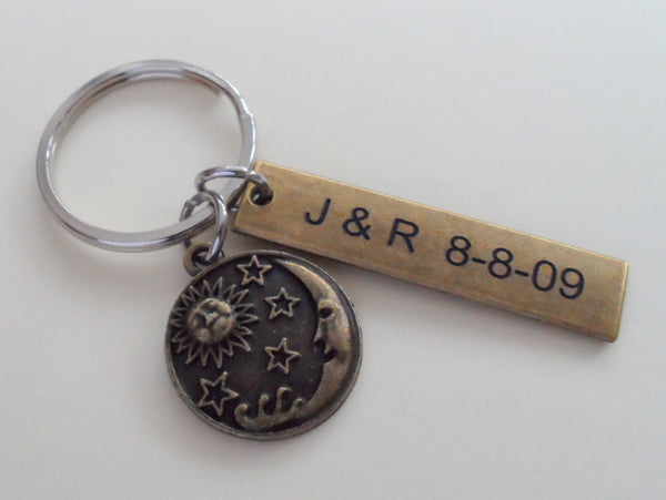 Bronze Sun, Moon, and Stars Disc Charm with a Custom Engraved Tag