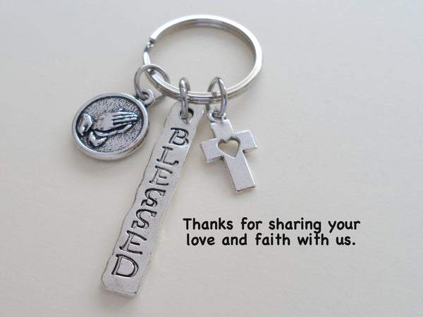 Religious Teacher Gift Keychain, Praying Hands Charm, Cross Charm & Blessed Charm Keychain, Neighbor Gift, Thank you Gift, Gift For Friend