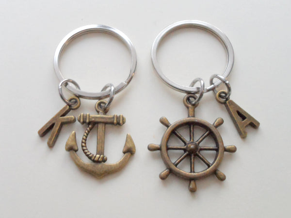 Bronze Ships Helm and Anchor Keychain Set - You Be My Anchor And I'll Steer You Straight; Couples Keychain Set